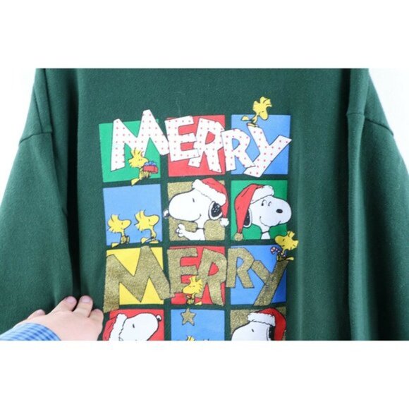 Vintage 90s Peanuts Womens XL Faded Snoopy Merry Christmas Sweatshirt Green USA - Picture 4 of 9